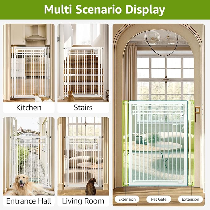 78.8" Extra Tall Cat Gate, 28.3-33" Wide Safety Metal Cat Door, Pressure Mounted Easy Walk Through Pet Gate with Door for Stairs, Doorways, Kitchen (White)