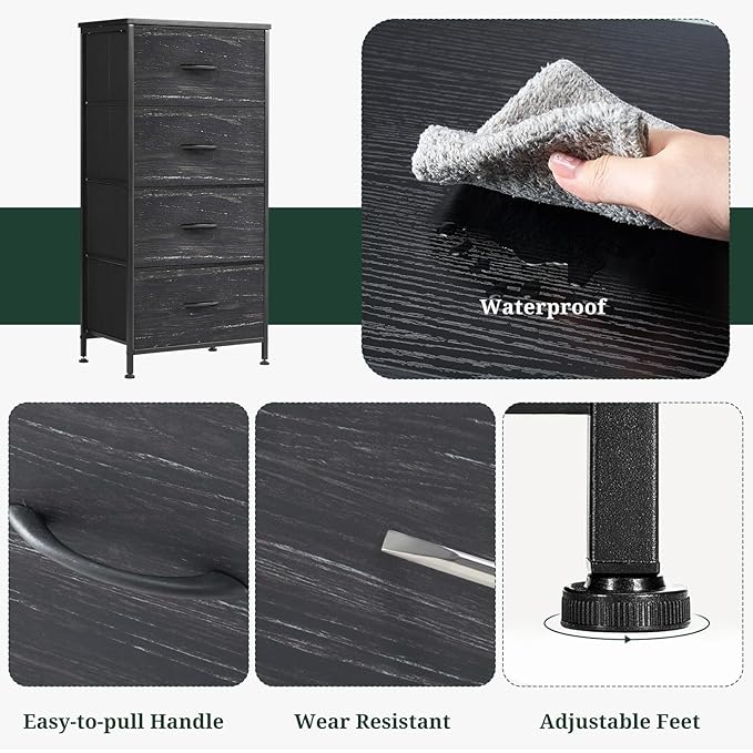 Nightstand, 4 Drawer Dresser End Table Bedside Furniture with Wooden Top Steel Frame Fabric Bins for Bedroom, Closet, Entryway, Dorm, Living Room, Charcoal Black