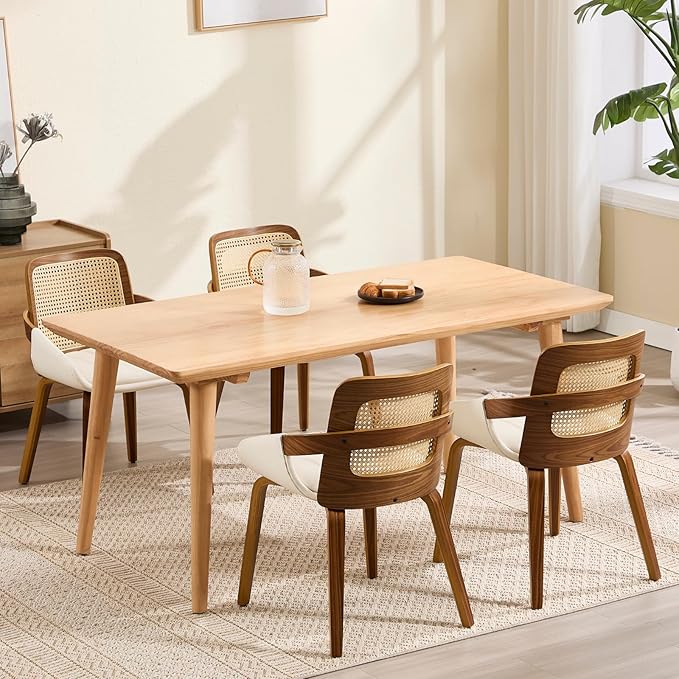 DUOMAY Modern PU Leather Dining Chairs Set of 4, Cane Back Room Chairs with Solid Wood Legs Kitchen Chairs for Living Room, Restaurant, White