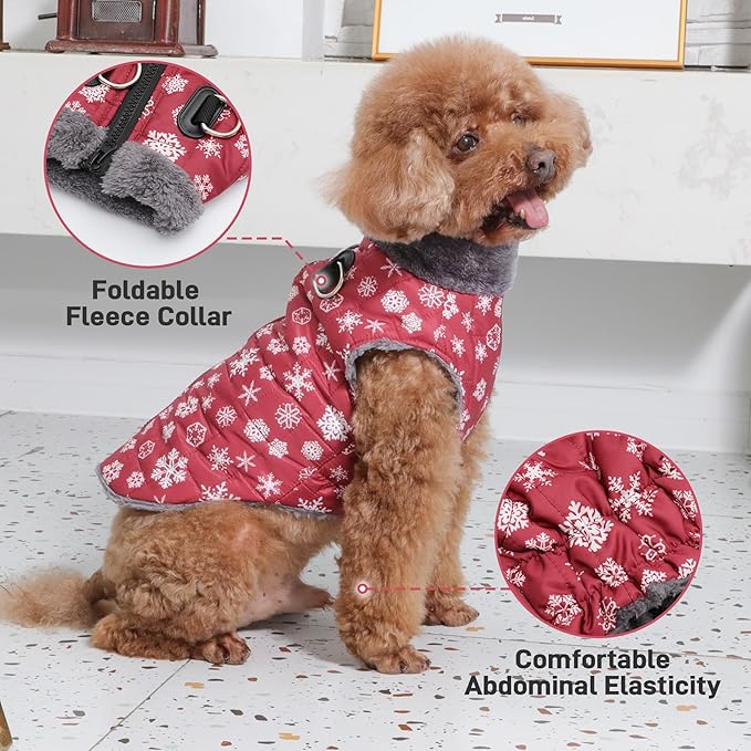 Warm Fleece Dog Coats with Durable Harness Buitl in D-Ring,Waterproof Puppy Jacket for Small Dogs,Dog Vest for Cold Winter,Red,Snow Pattern S