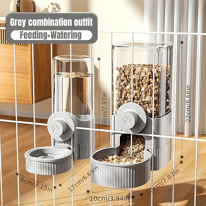 GPY Automatic Hanging Gravity Pet Feeder and Water Dispenser Set ,Automatic Rabbit Feeder and Dog Water Dispenser for Dogs Cats Pets Animals Large Capacity (Blue Water Feeder&Food Feeder) (Grey)