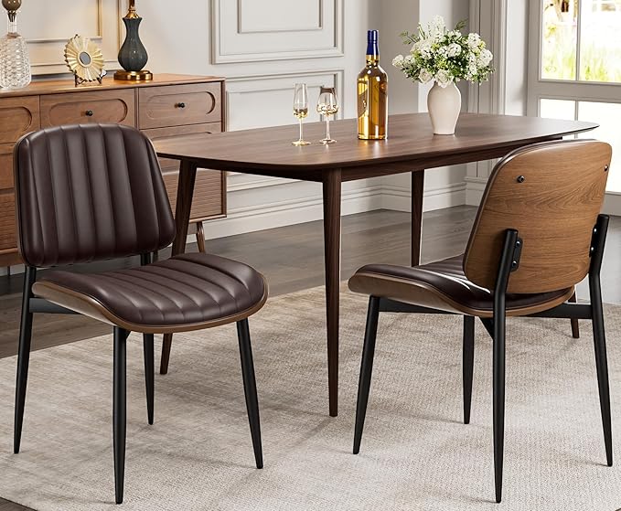 Dining Chairs Set of 8, Mid-Century Modern Upholstered PU Leather Chairs with Walnut Bentwood Back and Metal Legs Adjustable Feet for Kitchen Dining Living Room, Dark Brown Vertical Stripes