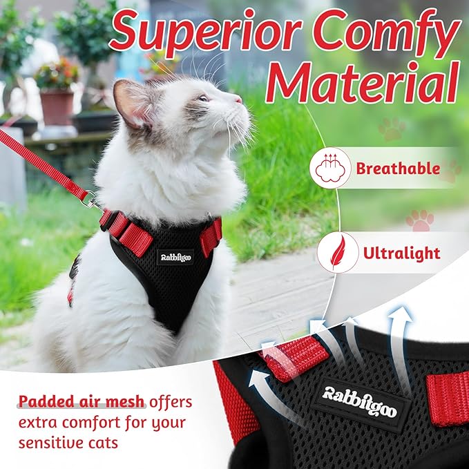 rabbitgoo Cat Harness and Leash for Walking, Escape Proof Soft Adjustable Vest Harnesses for Cats, Easy Control Breathable Reflective Strips Jacket, Black & Red, S