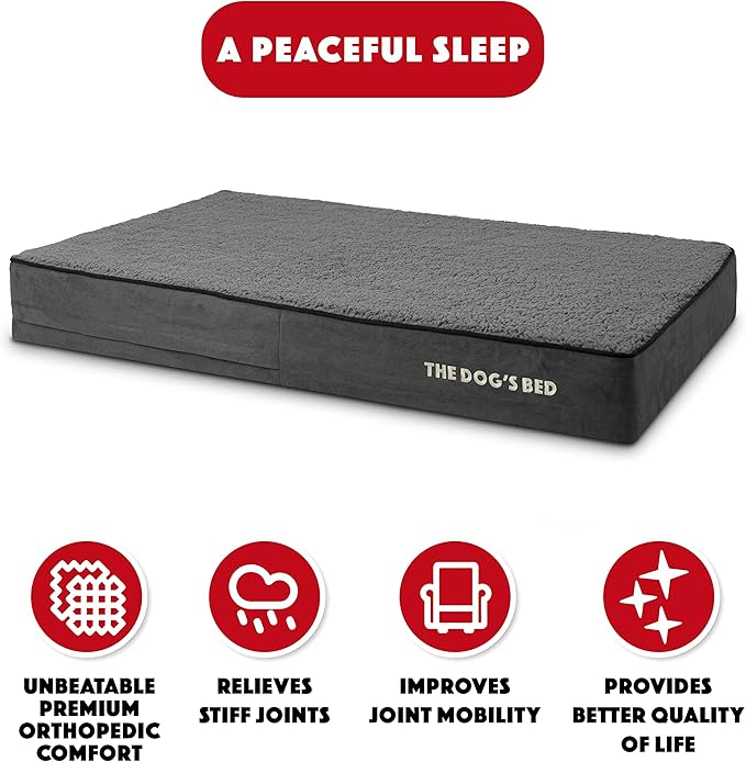 The Dog’s Bed Orthopedic Memory Foam Dog Bed, XL Grey Plush 46x28, Pain Relief for Arthritis, Hip & Elbow Dysplasia, Post Surgery, Lameness, Supportive, Calming, Waterproof Washable Cover