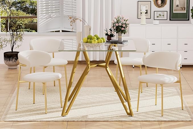 35.4" Square Glass Dining Table for 4, Modern Tempered Glass Kitchen Table for 4 with Gold Metal Legs, Compact Small Circle Dining Room Leisure Tables for Kitchen Apartment