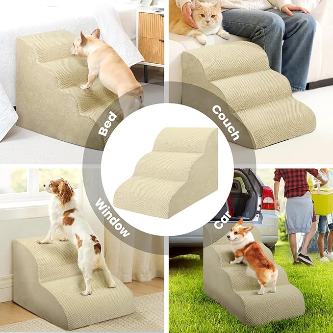 Dog Stairs for Small Dogs, High Density Foam Dog Steps, Extra Wide Non-Slip Pet Ramp for High Beds Or Couch, Soft Doggie Ladder for Dogs Injured, Older Pets, Small Cats, 3 Stpes,Camel