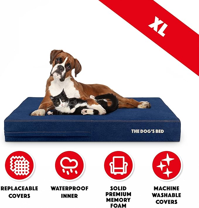The Dog’s Bed Orthopedic Memory Foam Dog Bed, XL Blue Denim 46x28, Pain Relief for Arthritis, Hip & Elbow Dysplasia, Post Surgery, Lameness, Supportive, Calming, Waterproof Washable Cover