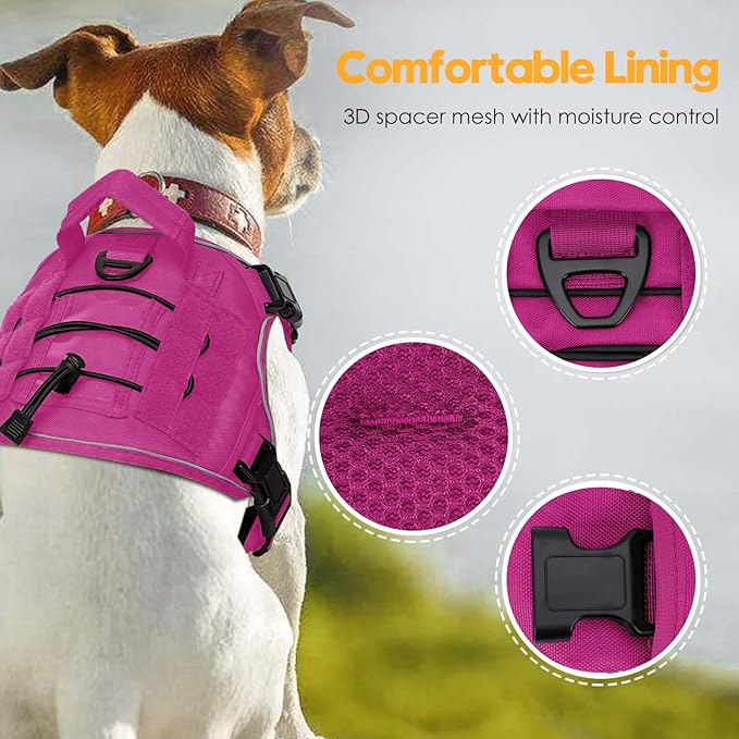 Heavy-Duty Tactical Dog Harness for Large Dogs, No Pull Adjustable Reflective Pet Vest with Molle System, K9 Military-Grade Control for Service Training, Outdoor & 10+ Breeds, Pink, Medium