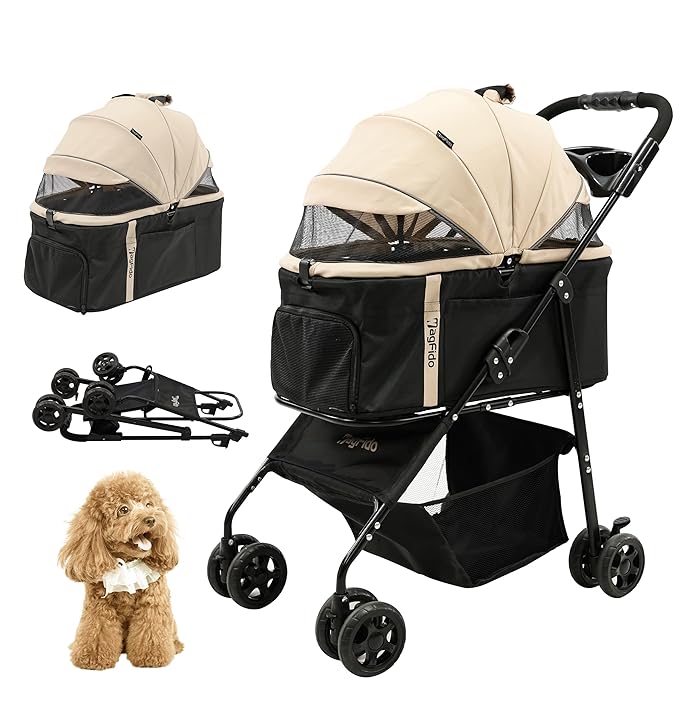 Pet Stroller,4Wheels 3in1 Multifunctiona Dog Stroller with Brake,33lb Weight Capacity,Lightweight Portable One-Click Folding,Storage Basket Cup Holder,for Dogs/Cats Travel,Khaki