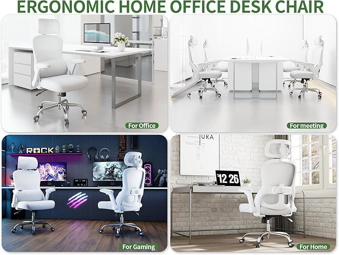 White Ergonomic Office Chair: Mesh Desk Chair Comfy with Adjustable Lumbar Support 400lbs High Back Computer Gaming Chair - Big and Tall Office Chairs with Extra Wide Seat-Adults Home Office