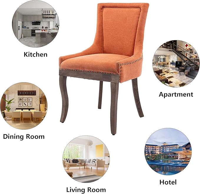 Farmhouse Dining Chairs Set of 4, Upholstered Fabric Dining Room Accent Chairs with Wood Legs & Bronze Nailhead, High Wingback Kitchen Chairs for Living Room Hotel Apartment, Orange