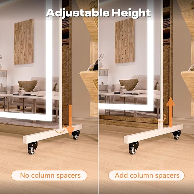 Hasipu Home Gym Mirror with Light 360° Swivel on Wheels, 79" x 32" Extra Large Full Length Rolling LED Mirror for Yoga Studio, Bedroom, Dancing Studio, White