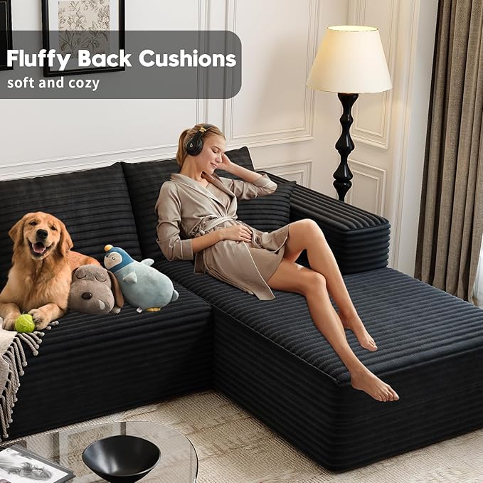 135.4"Cloud Modular Sectional Couch with 1 Ottoman,Modern Minimalist Upholstered Couches, Comfort U Shaped Sofa for Living Room,Deep Seat Corner Couch,No Assembly Required (Black,Right Facing Chaise)