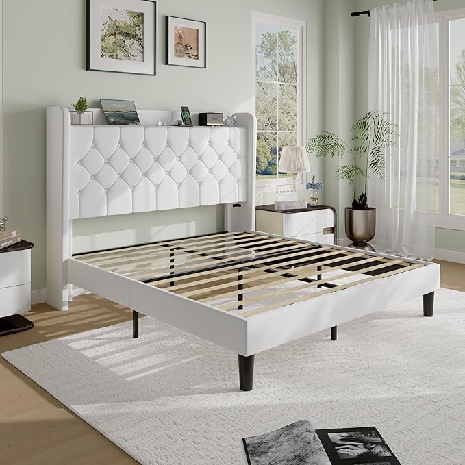 SHA CERLIN Full Size Platform Bed Frame with Charging Station, Velvet Wingback Headboard with Storage Shelf, Wooden Slats Support, Ample Under-Bed Space, No Box Spring Needed, Easy Assembly, White