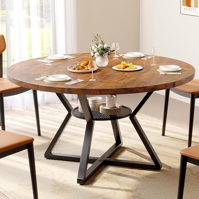 Concho 47" Round Kitchen Dining Room Table for 4-6,Circle Dining Dinner Table with Pedestal Metal Frame,Space Saving Wood Kitchen & Dining Room Furniture, Rustic Brown