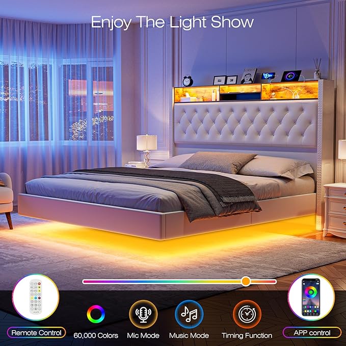 Floating King Size Bed Frame with Headboard and Storage, 60“ Upholstered Bed Frame with LED Light and Charging Station
