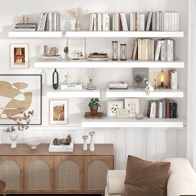 Floating Shelves for Wall, 55 Inch Wide x 12 Inch Deep Floating Shelves, Long Wood Floating Wall Shelf Shelves for Living Room Bathroom Bedroom Kitchen Home - (White, 55" W x 12" D x 2" H)