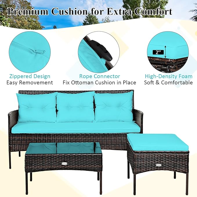 Tangkula 3 Pieces Patio Conversation Set, Outdoor PE Rattan Wicker Furniture Set W/Cozy Cushions, All Weather Sectional Sofa Set W/Tempered Glass Coffee Table for Poolside, Backyard, Garden