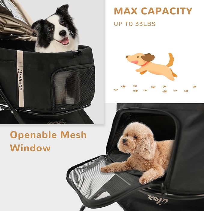 Pet Stroller,4Wheels 3in1 Multifunctiona Dog Stroller with Brake,33lb Weight Capacity,Lightweight Portable One-Click Folding,Storage Basket Cup Holder,for Dogs/Cats Travel,Khaki