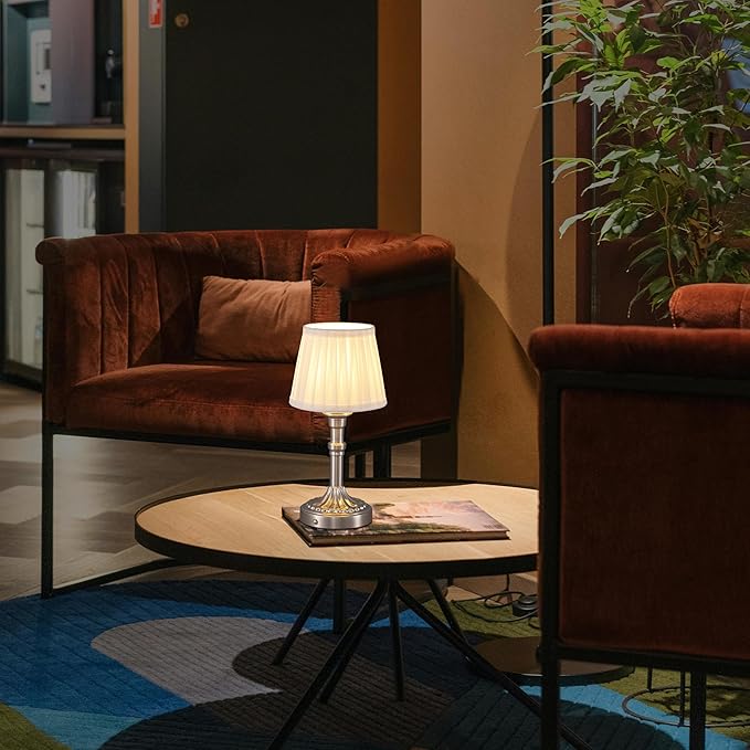 KDG Cordless Portables Table Lamp Set of 2, LED Fabric Shade Small Desk Lamps, 5000mAh Battery Powered Lighting, 2700K Stepless Dimmable Light for Living Room, Dining Room, Bedroom, Bedside (Nickel)