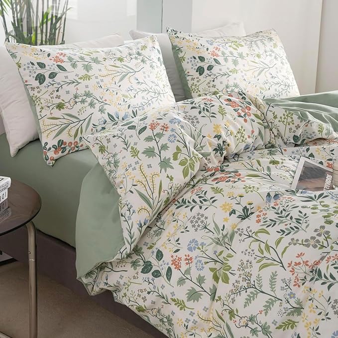 Floral Wildflower Duvet Cover Full Sage Green Botanical Duvet Cover 100% Cotton Vintage Floral Bedding Set Full Rustic Garden Flower Comforter Cover Girls Cottagecore Bedding Set with 2 Pillowcases