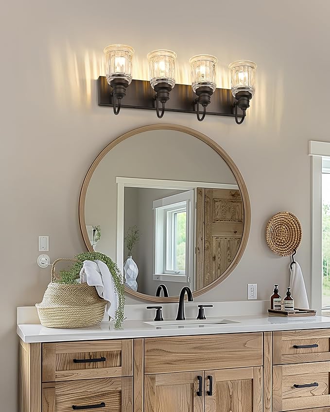 Bathroom Vanity Light - HWH 4-Light Vanity Lights for Bathroom Wall Mounted Light Fixtures Over Mirror, Oil Rubbed Bronze Vanity Light with Bell-Shaped Clear Glass, 5HZG106B-4W ORB