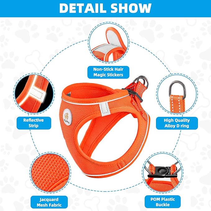 Dog Harness and Leash Set, No Pull Soft Mesh Puppy Harness for Small Medium Dogs, Cats - Step in Reflective Breathable Lightweight Vest Harness for Walking, Training - Orange, XS