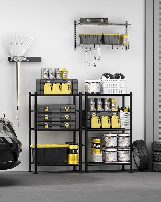 2-Pack Storage Shelves - 3-Tier Metal Wire Shelf Organizer, Slim Shelf Rack with Adjustable Feet for Laundry Room, Kitchen, Garage Organization, 18.2" x 12.3" x 30.4", Black