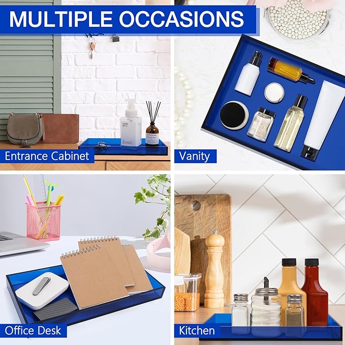 Acrylic Tray 5mm Thicken for Vanity Makeup, Perfume, Jewelry Holder, Napkin, Blue 12x6'' Decorative Serving Tray for Bathroom, Toilet Tank, Sink Countertop, Living Room,Dresser, Coffee Table