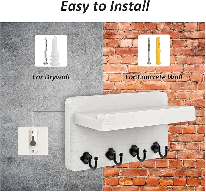 Nekon Key Holder Wall Mount, 8.5 Inch Small Home Decor Wooden Wall Organizer with 4 Hooks and Shelf, Key and Mail Holder for Living Room Entryway Kitchen(White)