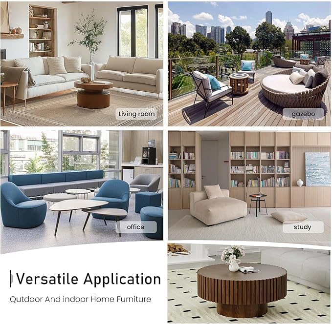 Round Coffee Table for Living Room, 31.5'' Modern Handcraft Drum Coffee Table Unique Fluted Coffee Tables Wood Center Table End Table for Small Space, Farmhouse Apartment Office (Round Brown)