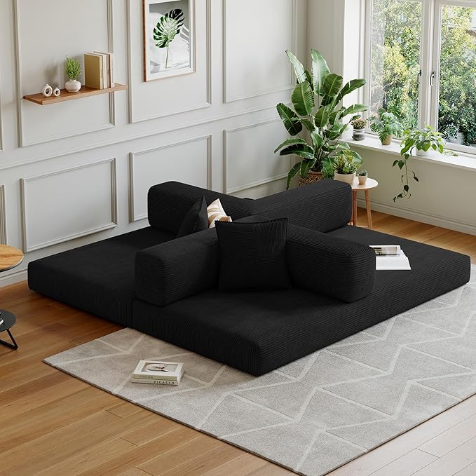 Compressed Sleeper sofa bed,Convertible Floor Boneless Couch-With Comfy Pillow,Modular Modern Corduroy Sofa for living room Bedroom Lounge Studio-With Fixed-shape Frame and support Armrest(Black)