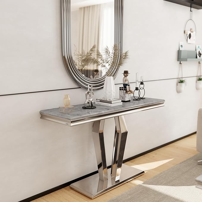 Silver Console Table, Luxury Grey and Silver Sofa Table, 50 inch Rectangle Entryway Table with Mirrored Geometric Base for Living Room, Hallway