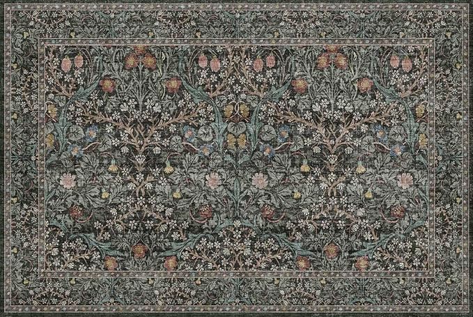 Dark Green Washable Entry Rug - Front Door Throw Rugs Indoor, Non-Slip Bathroom Small Rugs, Vintage Floral Thin Rug for Kitchen, Boho Entryway Décor (2x3 Dark Green)