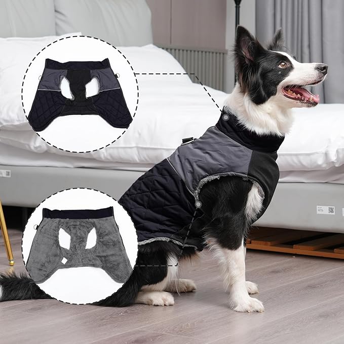 Warm Fleece Dog Coats for Large Dogs,D-Rings Waterproof Puppy Jacket for Cold Winter,Black XXXL