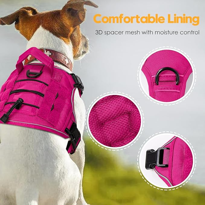 Heavy-Duty Tactical Dog Harness for Large Dogs, No Pull Adjustable Reflective Pet Vest with Molle System, K9 Military-Grade Control for Service Training, Outdoor & 10+ Breeds, Hot Pink, Small