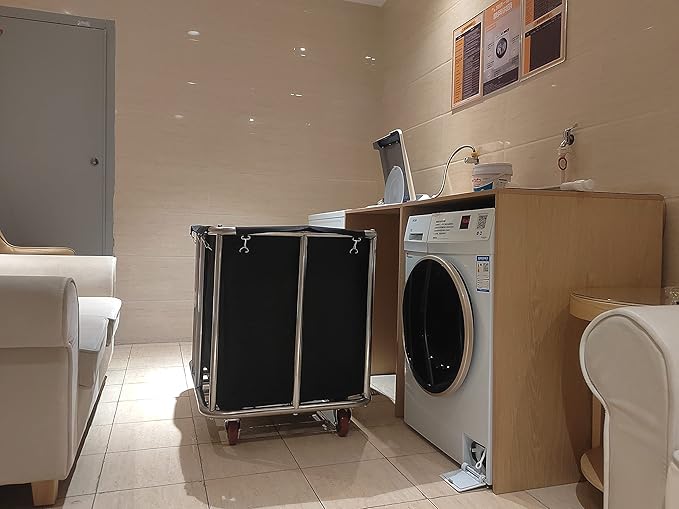Commercial Laundry Cart on Wheels, 11.35 Bushels Large Roller with Removable Waterproof Canvas Lined Basket, Heavy Duty Stainless Steel for Hotels and Hospitals