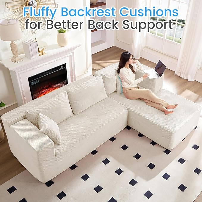 PUREMIND 106" White Cloud Sectional Couch Sectional Couches for Living Room, Corduroy L Shape Sofa with Deep Seat, Modular Boneless Foam Couch Corner Couches No Assembly Required