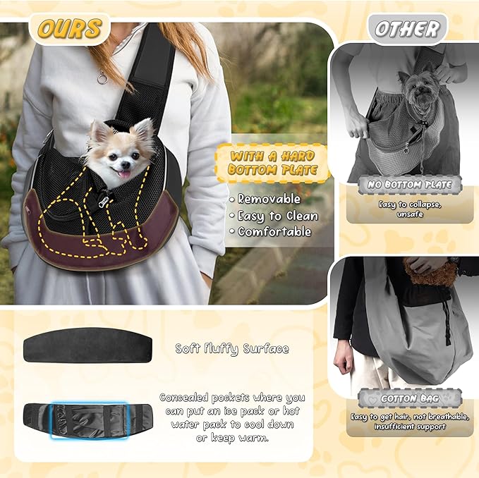 Detachable Hard Bottom Dog Sling for Small Dogs & Cats Up to 10 lbs- Upgraded Breathable Mesh, Adjustable Strap & Large Pocket - Hands-Free Pet Carrier for Travel Walking Hiking (Black Size S)