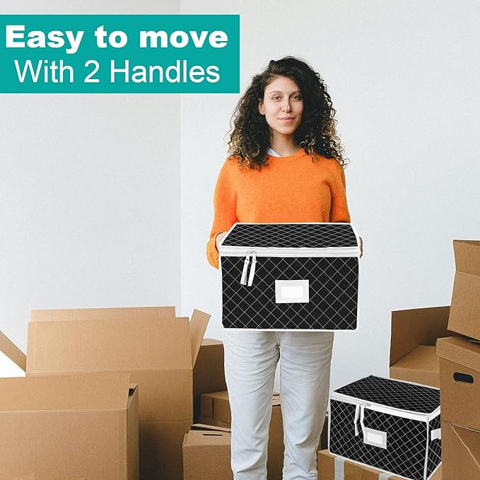 VERONLY China Storage Containers - Stemware Storage Cases for 12 Wine Champagne Glasses - 2 Pack Crystal Glassware Protector Packing Boxes with Dividers and 2 Handles for Moving (Black)