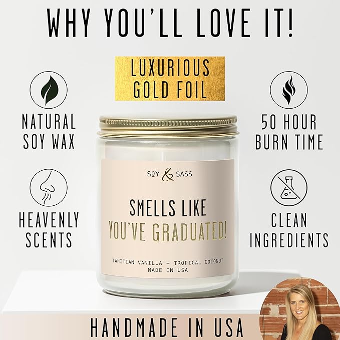 Graduation Gifts for Her "Smells like Graduation" Soy Candle, w/Vanilla & Coconut I College Graduation Gifts for Her I 2025 Graduation Gifts I 9oz Reusable Jar, 50Hr Burn, Made in USA