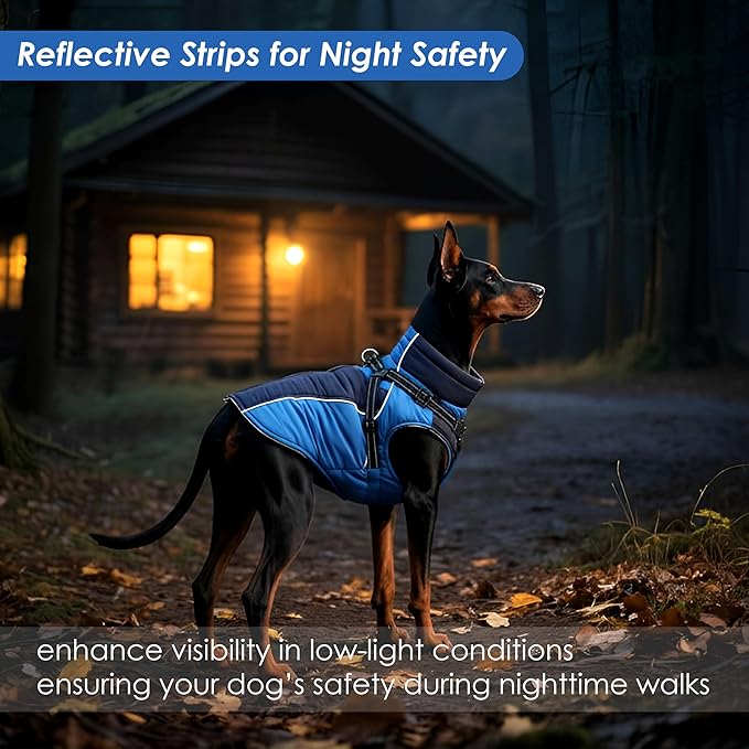 ASENKU Reflective Dog Coat with Built-in Harness, Windproof Fleece-Lined Dog Jacket for Small, Medium, Large Dogs, Warm Winter Vest with Turtleneck & Zipper (Navyblue XL)