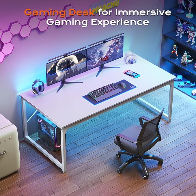 PRAISUN 63 x 29.5 Inch Computer Desk with Deeper Desktop, Gaming Office Writing Work Desk for Home Office, Study, Bedroom, Work from Home, Metal Frame, White