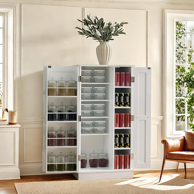Kitchen Pantry Storage Cabinet, 47inch Freestanding Pantry Cabinet with Doors and Adjustable Shelves, Small Food Storage Cupboard for Dining Room, White