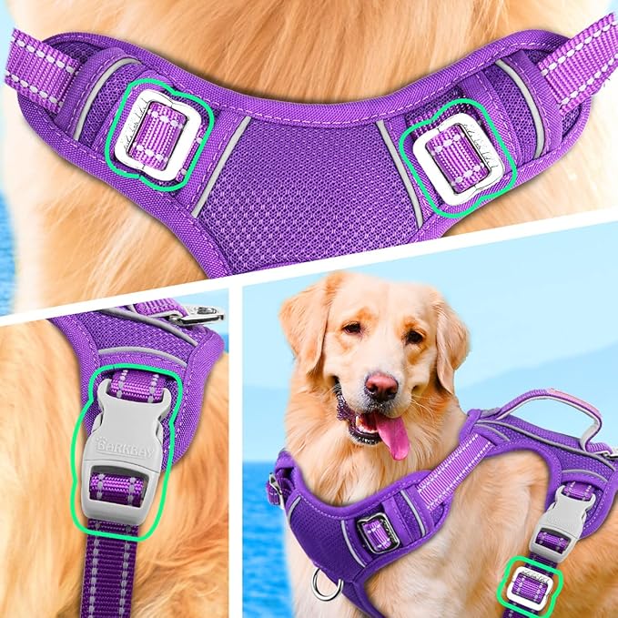 BARKBAY No Pull Dog Harness Large Reflective Dog Harness with Front Clip and Easy Control Handle for Walking Training Running with ID tag Pocket(Purple,S)
