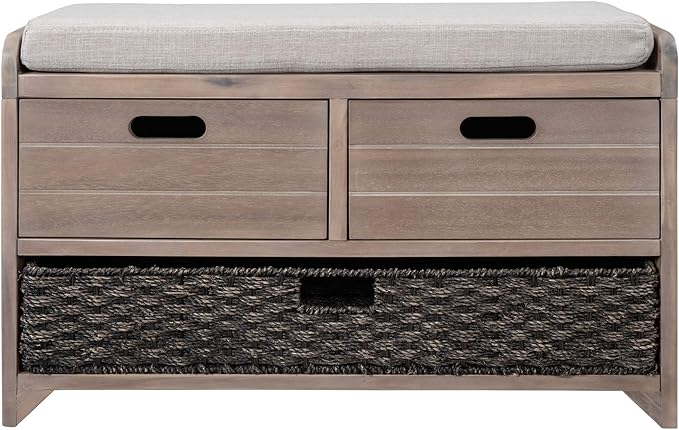 Fully Assembled Storage Bench with Cushioned Seat, 2 Drawers & Removable Basket, Solid Wood Entryway Shoe Bench for Bedroom, Hallway, Living Room (White Washed)
