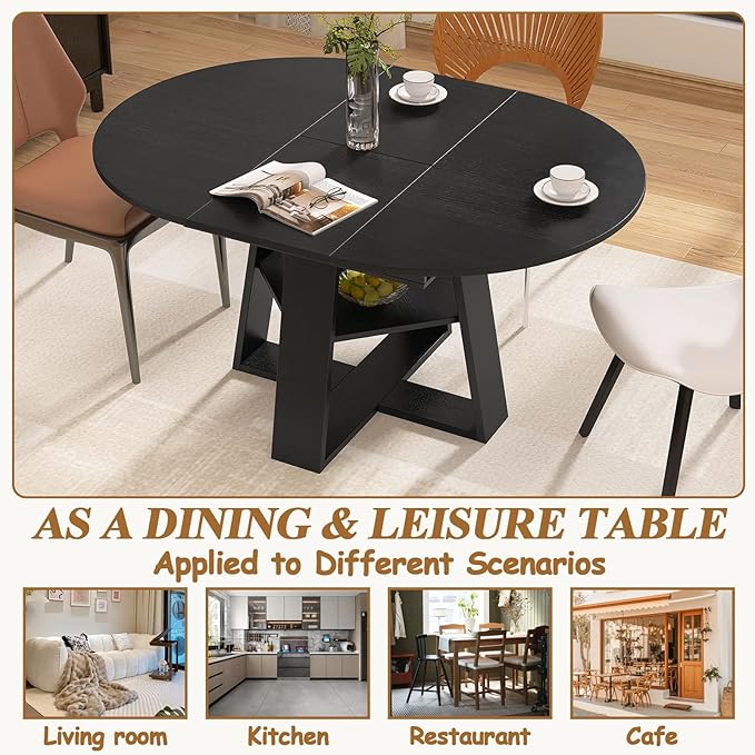 Round Dining Table for 4-8 People, 43.3"-59" Oval Dining Table Space Saving, Expandable Kitchen Table with Smooth Glide Mechanism Modern Design & Wood Base for Small Space (Black)