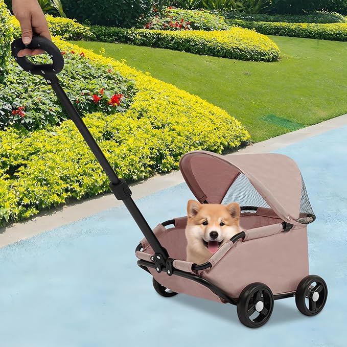 Small Dog Stroller, Pet Stroller for Shopping Walking, 4 Wheels Folding Dog Cart, for Cats/Dogs Weighing Less Than 15.43 Pounds (Pink)