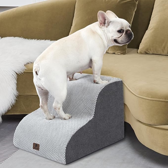 Pettycare Dog Stairs Ramp for High Beds and Couch,Curved Dog Steps for Small Pets, Pet Stairs Non-Slip Balanced Portable Puppy Ramp Indoor, 2 Steps,Grey