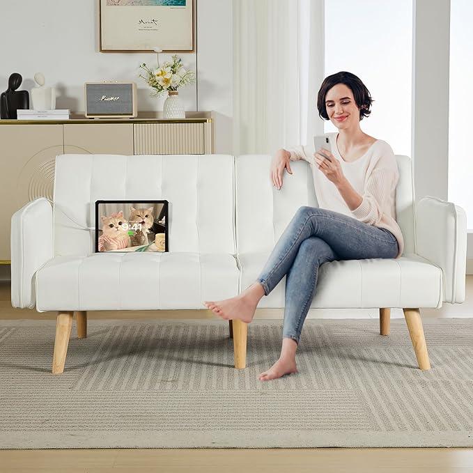 TYBOATLE Modern White Faux Leather Upholstered Convertible USB Folding Futon Sofa Bed, 65" Couch, Love Seats Furniture for Small Space Configuration, Apartment, Dorm, Living Room, Office